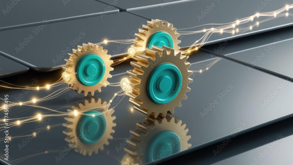 Poster intricate close-up of two interlocking gears with radiant glowing elements exemplifying industrial d