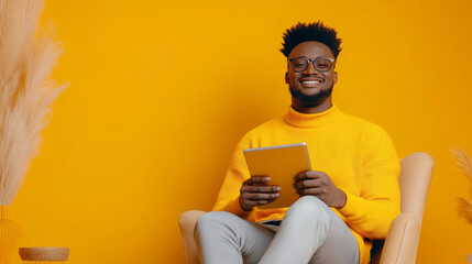 smiling man in yellow sweater sitting with tablet against bright yellow background, exuding warmth and positivity