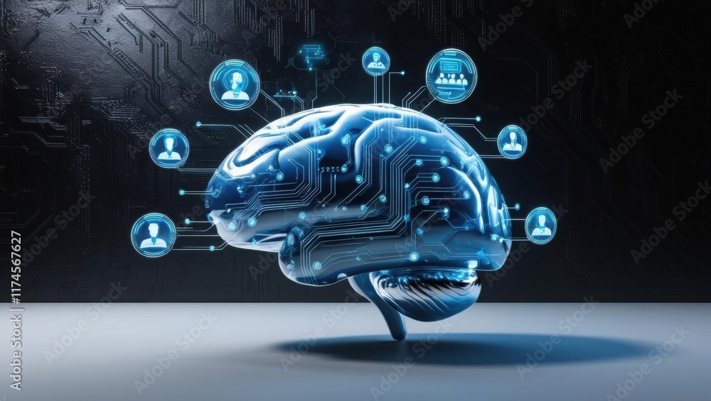 Poster vibrant brain surrounded by technological icons representing innovation intelligence and digital con