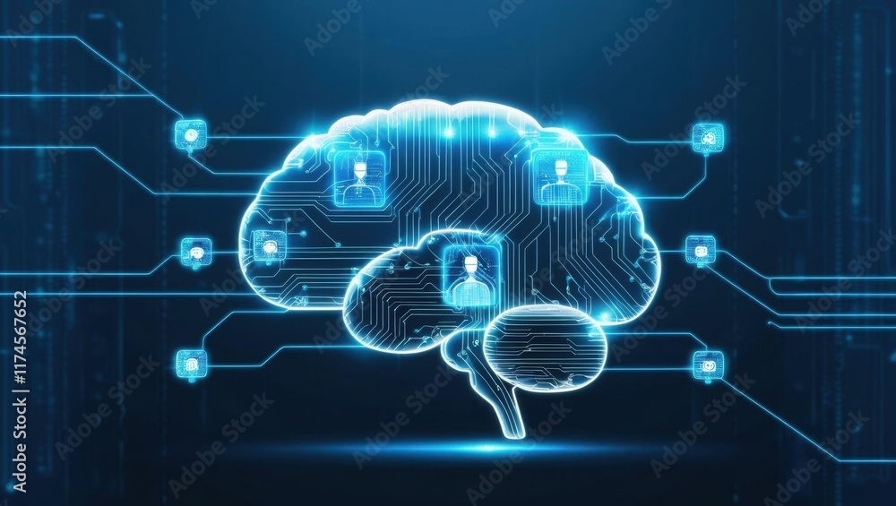 Poster intricate brain design featuring central circuit symbolizing connection between human intelligence a