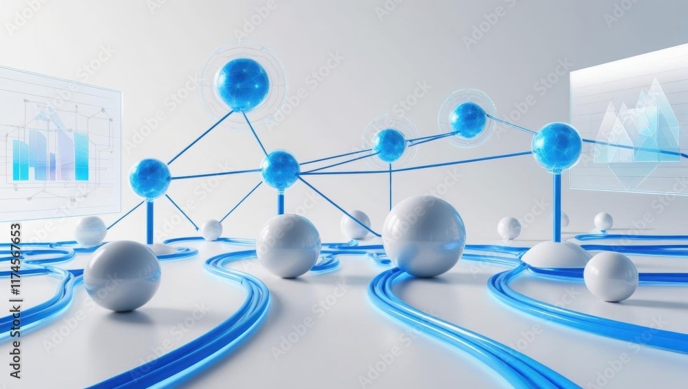 Poster abstract composition of spheres featuring intricate blue lines and white elements creating a modern 