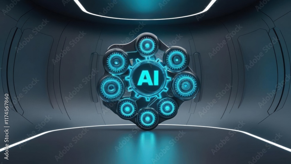 Poster dynamic blue and white abstract background featuring intricate gears creating a modern aesthetic sym