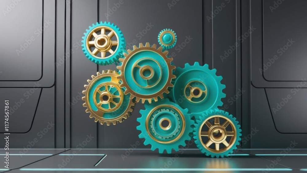 Poster intricate mechanism of interlocking gears against a bright blue background symbolizing precision eng