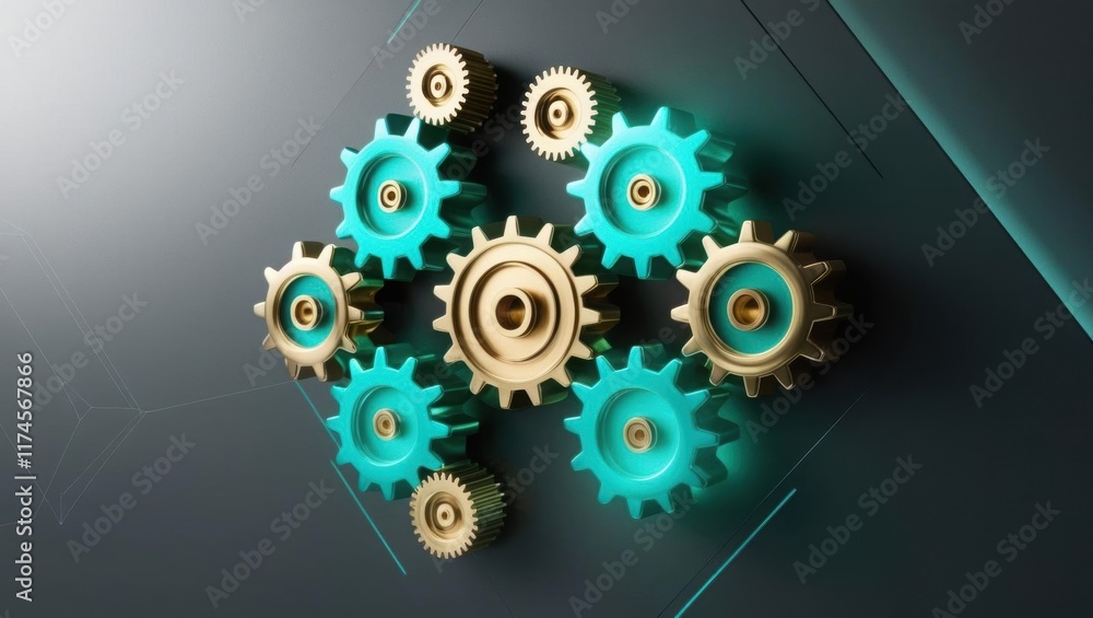 Poster intricate mechanisms of gears intertwined in a rich dark background creating an industrial aesthetic