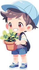 boy holding plant