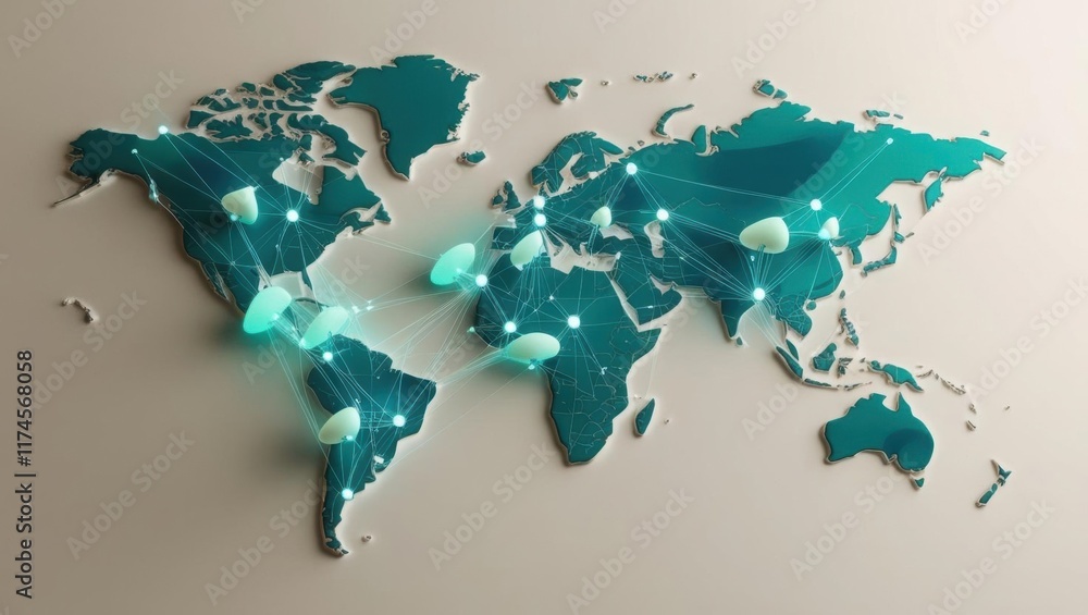 Poster intricate world map illustrating dynamic network of global connections representing modern communica