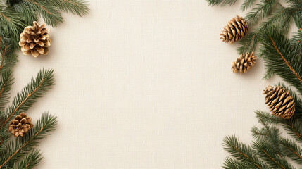 Fototapeta premium Festive pine cones and evergreen branches frame neutral background, creating warm and inviting atmosphere perfect for holiday decorations