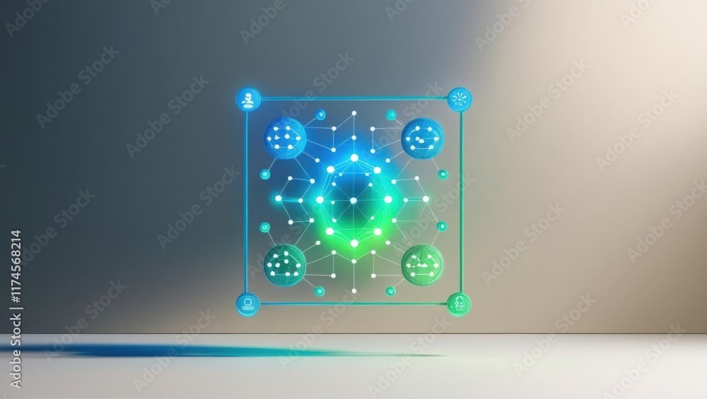 Poster translucent glass cube illuminated with luminous green and blue molecule creating a mesmerizing abst