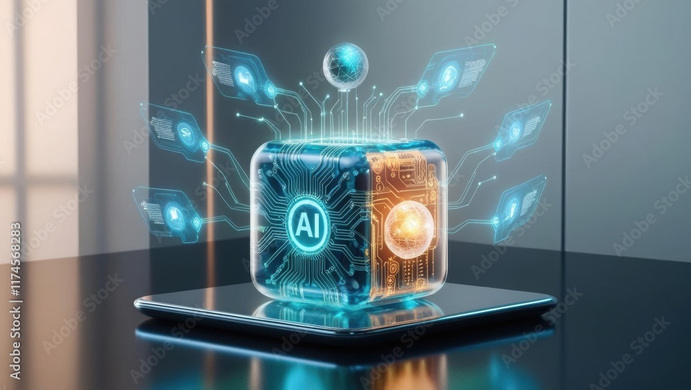 Poster futuristic tablet displaying intricate circuit board design with central circuit highlighted illumin