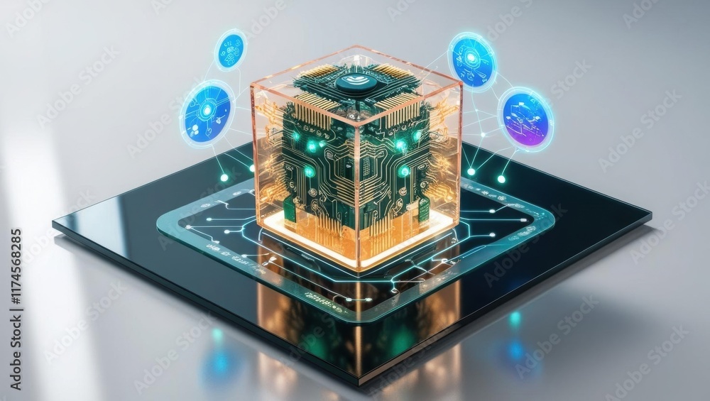 Poster intricate block housing advanced circuitry with visible connections and components symbolizing innov