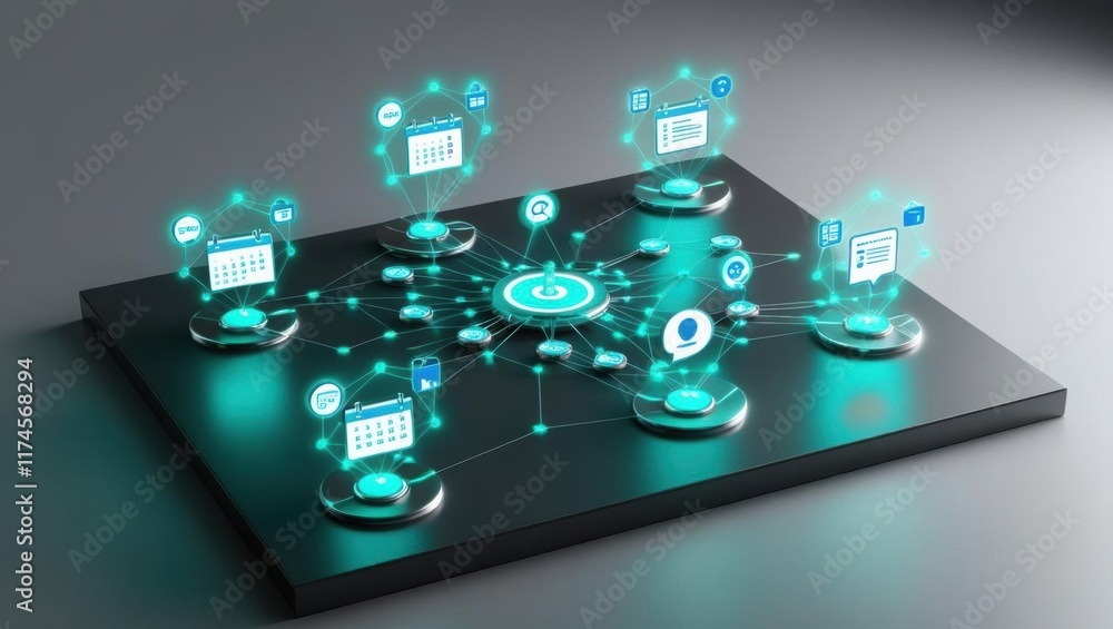 Poster innovative tablet displaying interconnected network of diverse digital devices showcasing modern tec