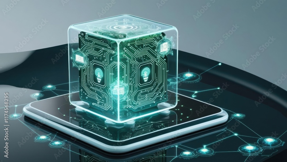 Poster a modern smartphone with a vibrant green cube placed on top creating a unique and stylish compositio