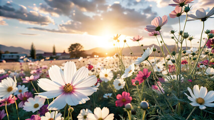 cosmos flower field meadow and natural scenic landscape sunset.