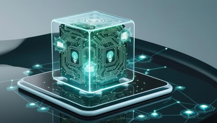 A Modern Smartphone with a Vibrant Green Cube Placed on Top Creating a Unique and Stylish Composition Evoking Curiosity and Innovation in Technology