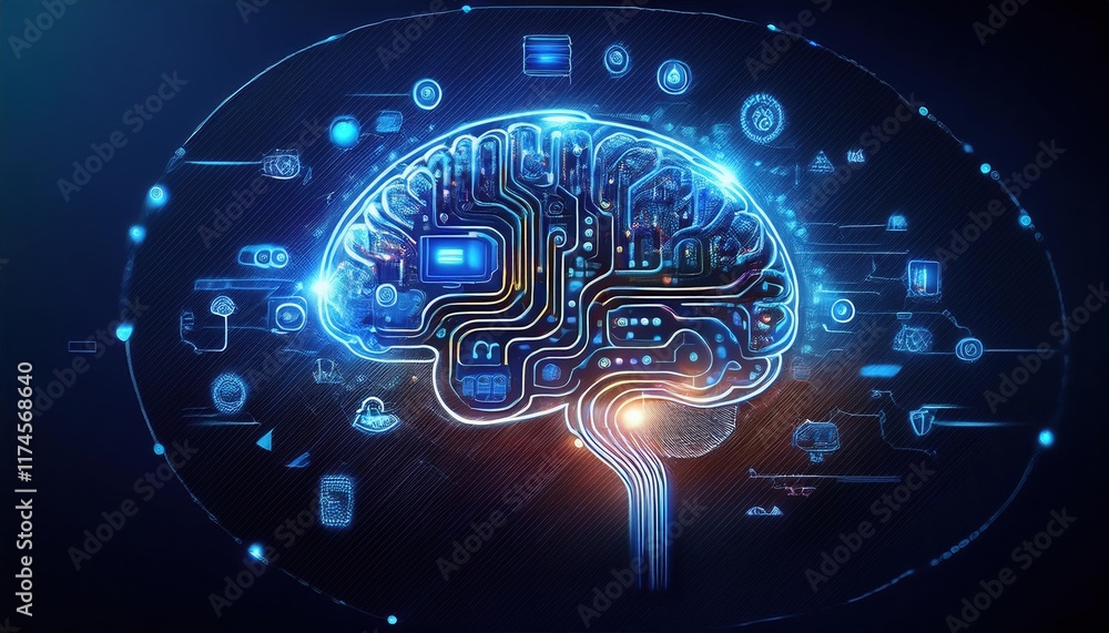 Poster intricate brain design merging with advanced circuitry symbolizing technology and intelligence in a 