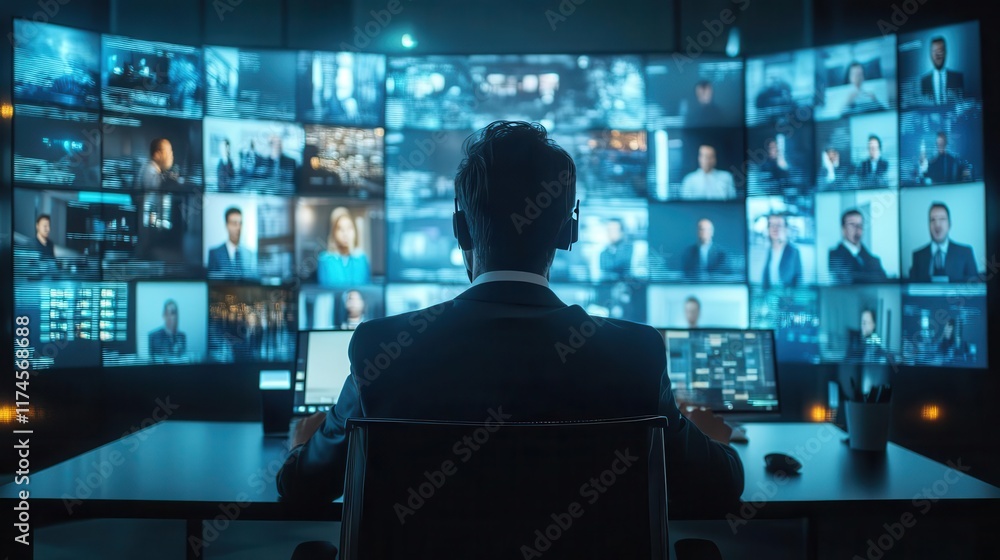Poster a person in a suit sits at a desk, focused on multiple screens displaying various video feeds, sugge