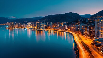 Naklejka premium A stunning night view of a coastal city illuminated by city lights, showcasing modern architecture and a smooth waterfront road.