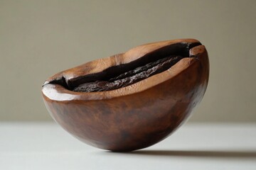 Wooden bowl holds dark brown organic material