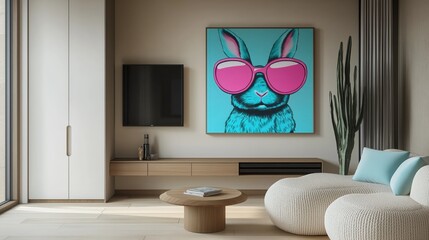 Generative AI, Modern Living Room with Pop-Art Rabbit Artwork and Minimalist Furniture