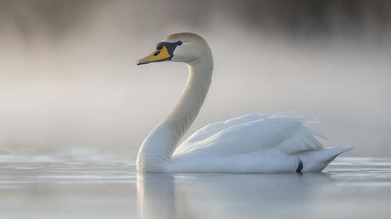Obraz premium A serene swan glides gracefully across a misty water surface.