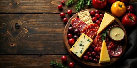 Artisan Cheese and Salami Platter with Herbs and Berries on Rustic Wooden Surface