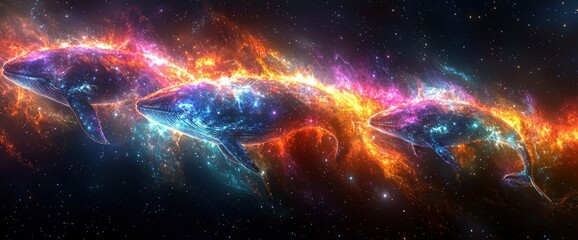 Fototapeta premium Celestial Whales Cosmic Dance of Fire and Stardust