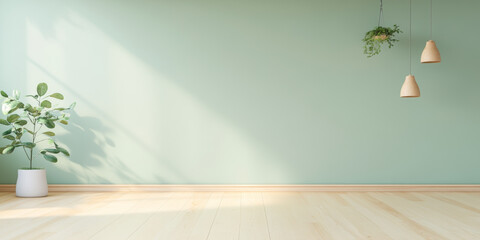 serene interior space featuring light green wall, wooden floor, and hanging planters. potted plant adds touch of nature, creating calming atmosphere
