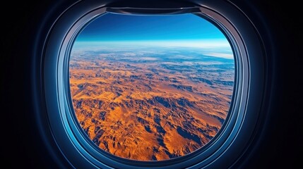 Fototapeta premium Airplane window view of vast, sunlit desert landscape.