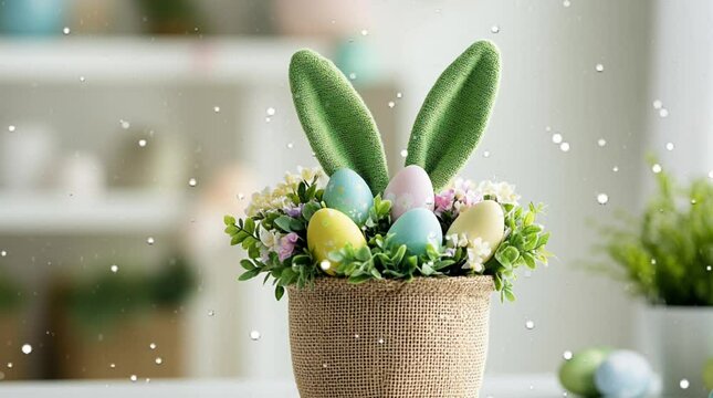 Basket of easter eggs with flowers. Happy easter day