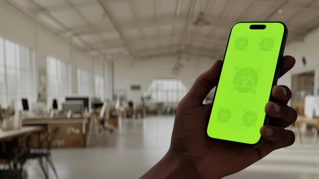 GREEN SCREEN CHROMA KEY A hand holding a smartphone with a green screen in a large, minimalistic office space with bright natural lighting