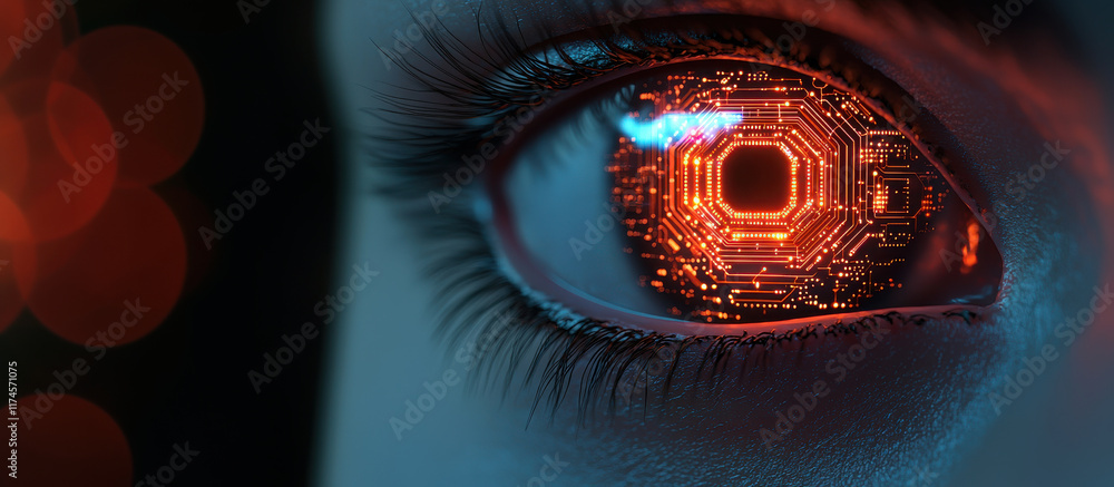 Poster ai and machine learning concept, close up of digital eye featuring intricate circuits and glowing pa
