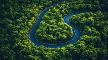 Fototapeta premium Aerial view of winding road through lush green forest. (1)