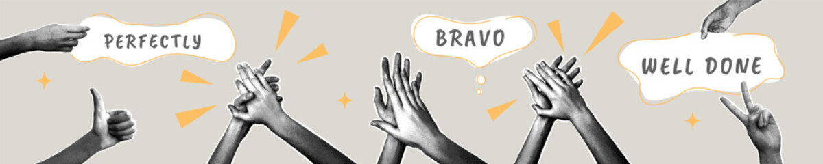 Trendy halftone collage. The concept of success, rated Excellent, congratulations on the victory, successful work, applause. Trendy retro collage from the 90s. 