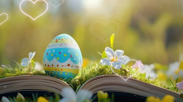 Open book with easter eggs on nature background. Easter day