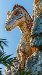 A realistic dinosaur sculpture perched on a rocky ledge against a clear blue sky.