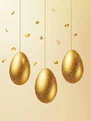 Fototapeta premium Happy easter. Egg hunting banner, celebrating poster with hanging gold eggs. Isolated springtime festive religion elements, greetings vector background