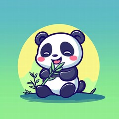 Obraz premium Joyful Panda Sitting and Eating Bamboo in a Calm and Serene Nature Setting