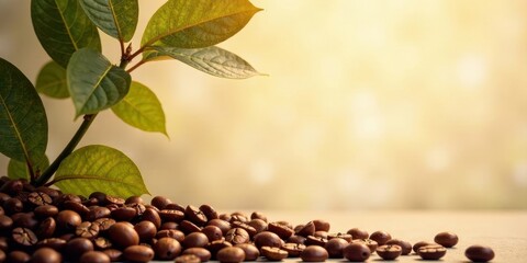 Obraz premium A vibrant green coffee plant sprout nestled beside a rich pile of roasted coffee beans, bathed in warm sunlight