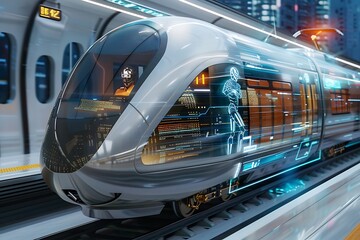 A sleek, silver highspeed train displays holographic AI interfaces. A passenger wearing VR glasses sits inside. The train is in a modern station.