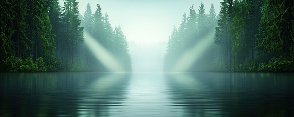 A tranquil forest scene with mist rising over a calm lake, surrounded by towering evergreen trees and soft light filtering through the fog.