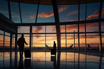 Airport terminal silhouette man luggage.