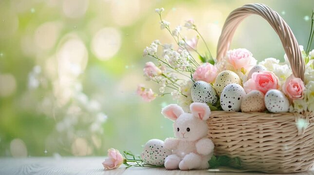 Basket of easter eggs with flowers and bunny next to the basket. Easter eggs themed. Happy easter day.