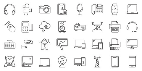 Devices set of web icons in line style. Electronic devices and gadgets icons for web and mobile app. Smart devices, technology, computer monitor, smartphone, tablet