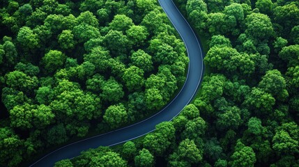 Aerial view of winding road through lush green forest. (2)