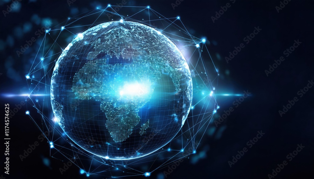 Poster illuminated globe surrounded by a complex network of connecting lines and dots symbolizing global co