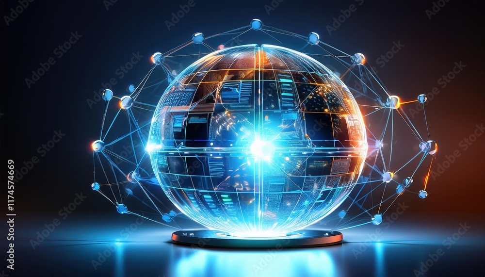 Poster intricate sphere depicting a web of connected nodes representing complex relationships and interacti