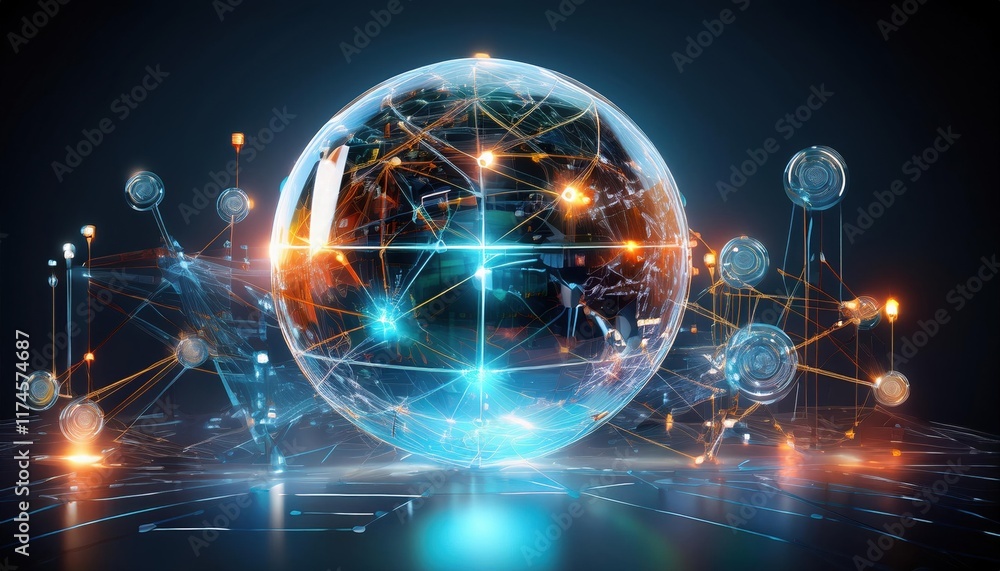 Poster intricate sphere representing complex network of connections and interactions in a digital landscape