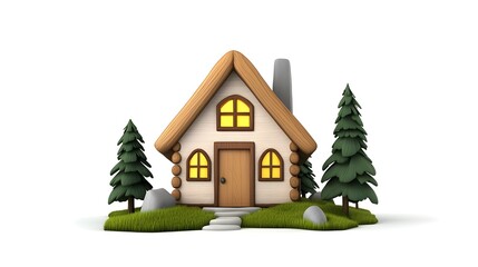 Naklejka premium Charming Wooden Cottage with Arched Windows, Warm Glow, Surrounded by Lush Green Grass, Pine Trees, and Rocks, Rustic Design, Cozy Illustration on White Background Representing Tranquility