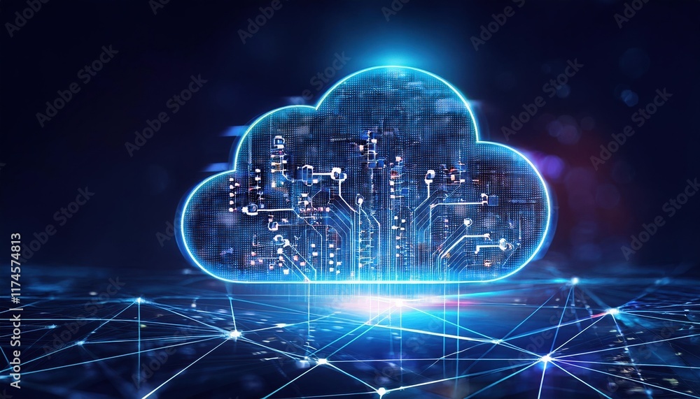 Poster a unique cloud formation featuring an intricate circuit design at its center symbolizing the interse