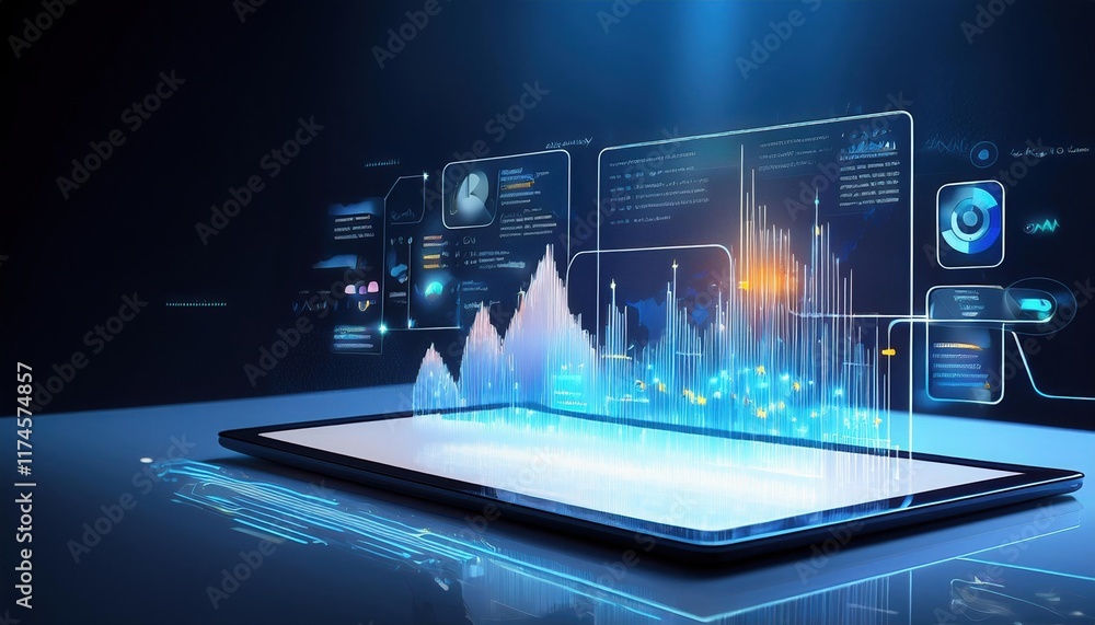 Poster modern tablet displaying interactive digital interface with colorful graphics and user-friendly navi